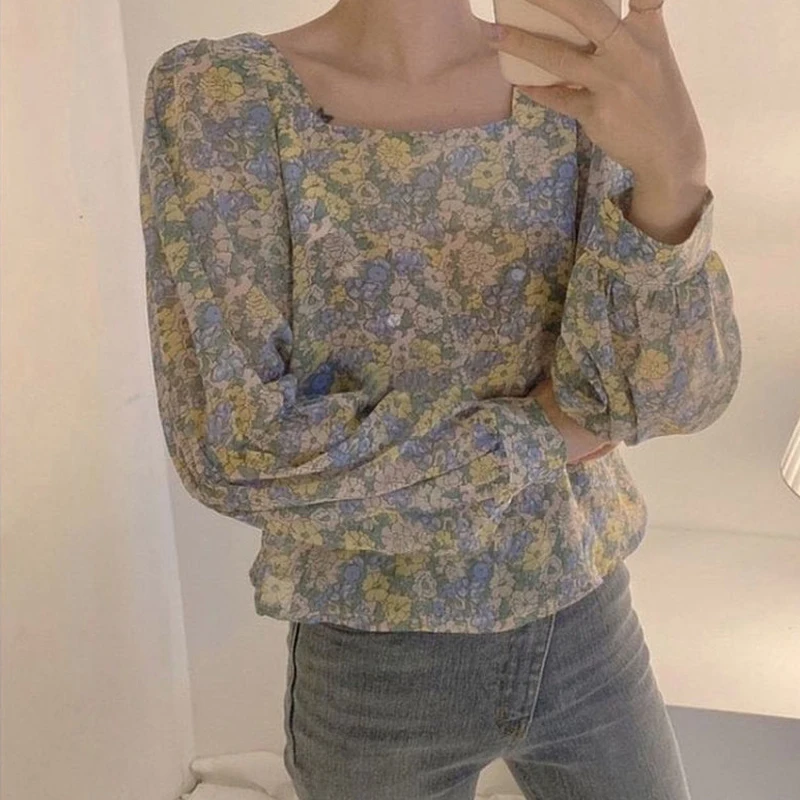 Nouă Primăvară Topuri cu Maneci Lungi pentru Femei Vintage Imprimare Șifon Bluza de toamna Tricou Florale Vrac Doamnă Birou Casual Pătrat Guler Bluza