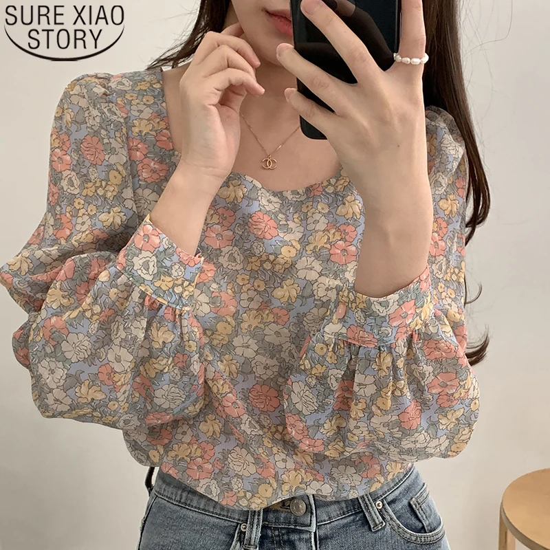 Nouă Primăvară Topuri cu Maneci Lungi pentru Femei Vintage Imprimare Șifon Bluza de toamna Tricou Florale Vrac Doamnă Birou Casual Pătrat Guler Bluza