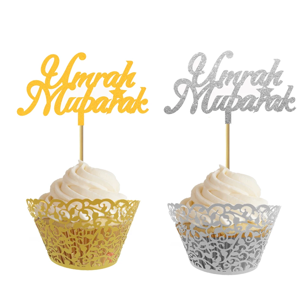 20buc Sclipici Aur, Argint Eid Mubarak Ramadan Mubarak Umra Mubarak Cupcake Toppers Pentru Musulman Eid Petrecere Tort de Decorare