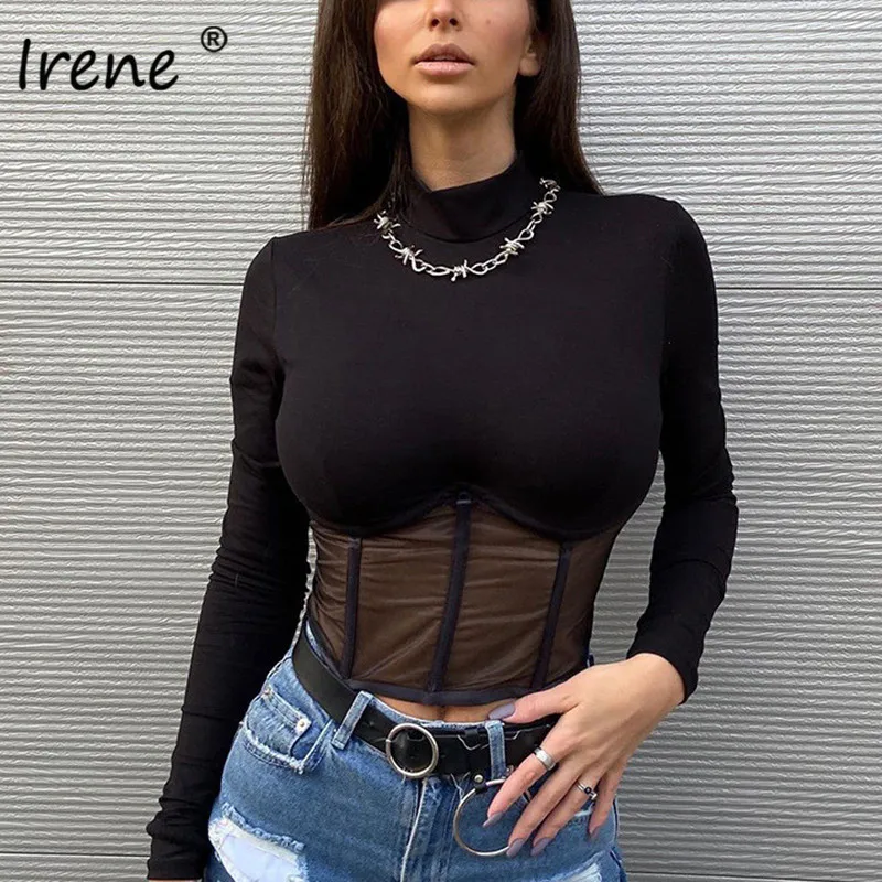 Irene Ochiuri Maneca Lunga Sexy Trunchiate Topuri Femeile 2021 Negru Pe Gât Toamna Casual De Bază Teuri Streetwear Doamnelor Skinny T Shirt