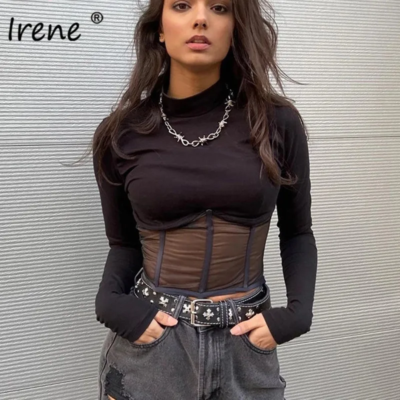 Irene Ochiuri Maneca Lunga Sexy Trunchiate Topuri Femeile 2021 Negru Pe Gât Toamna Casual De Bază Teuri Streetwear Doamnelor Skinny T Shirt