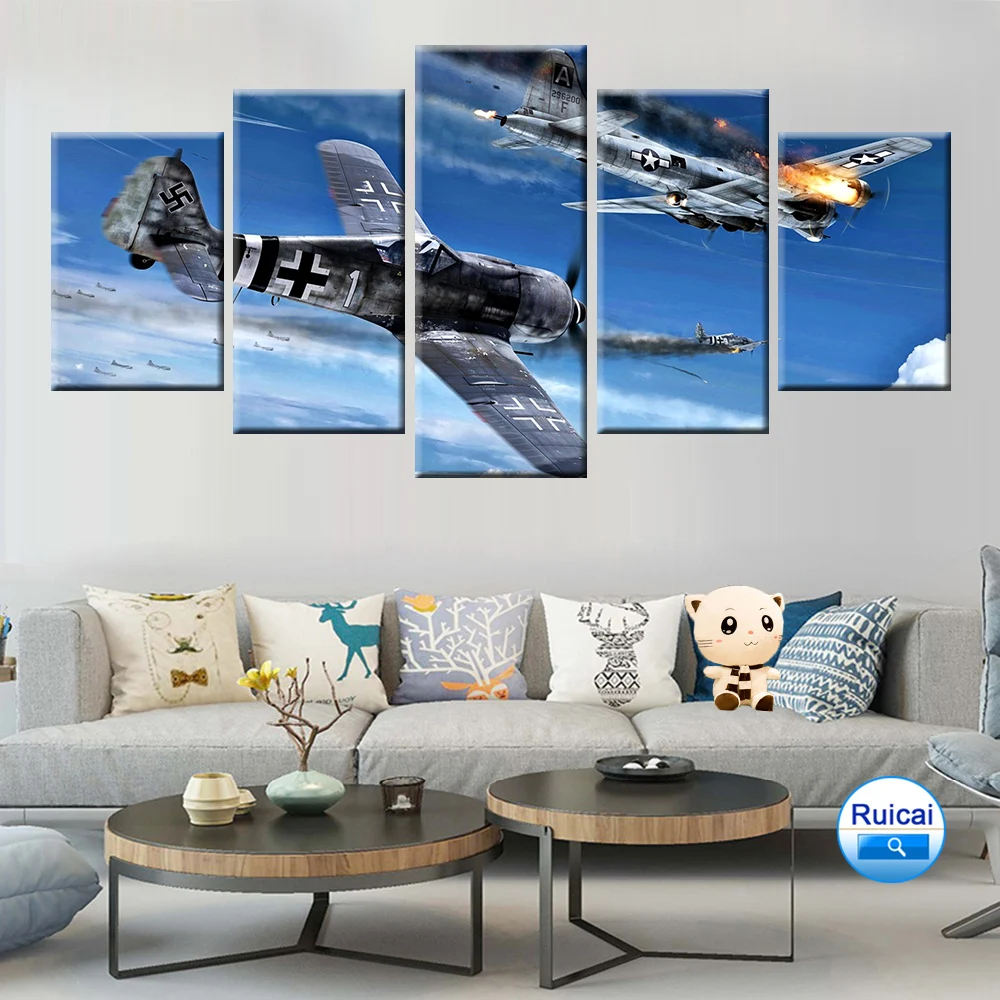 Cer albastru Avion Bombardier Panza Pictura Poster de Arta de Perete pentru Camera Copiilor Cadou Unic de Perete 5 Piese Modulare
