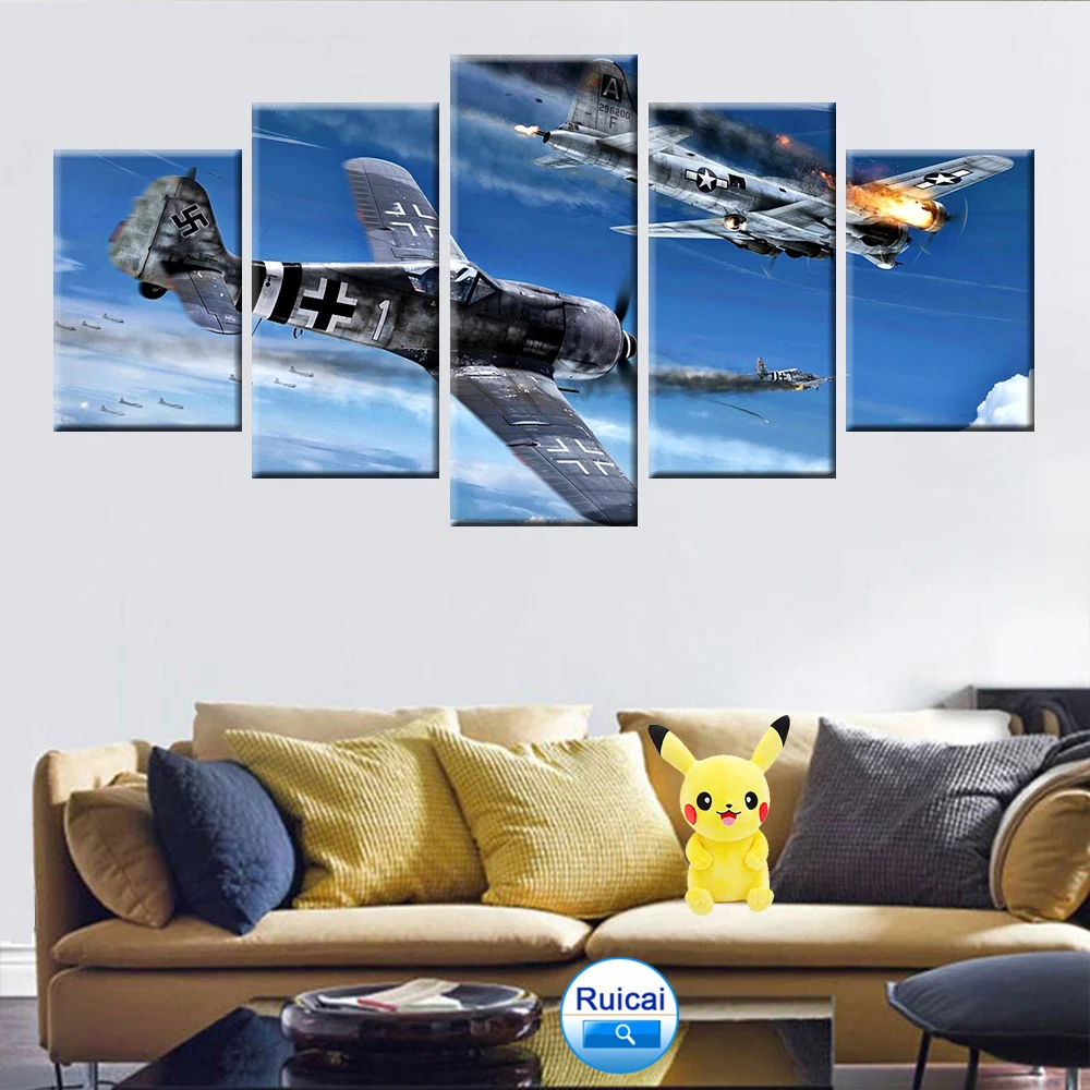 Cer albastru Avion Bombardier Panza Pictura Poster de Arta de Perete pentru Camera Copiilor Cadou Unic de Perete 5 Piese Modulare