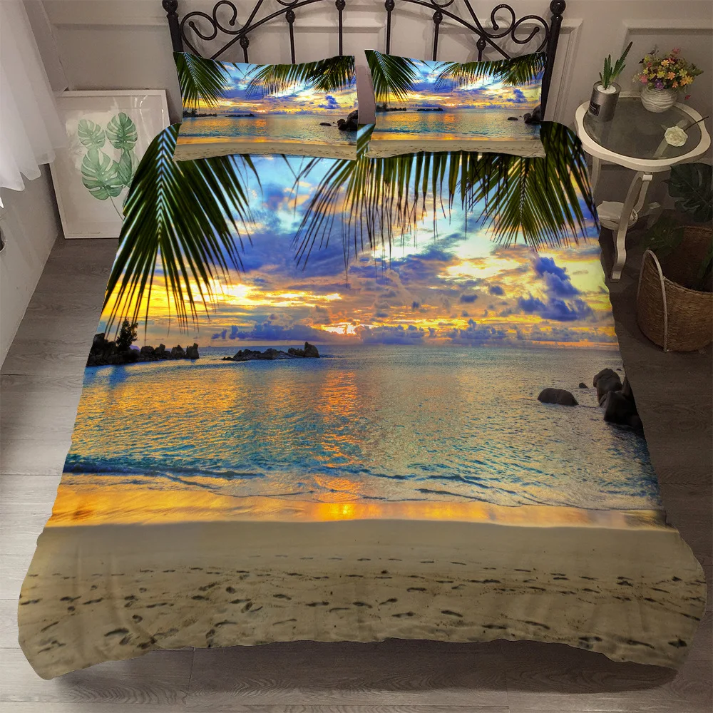 Moda 3D Tipărite Plaja Tropicala Plapuma Pat Albastru Set Set de lenjerie de Pat de Lux din Bumbac Cuvertura de Pat Seturi de Regina