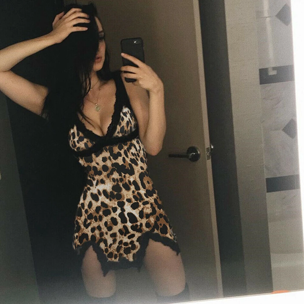 Fierbinte Sexy Femei Leopard Imprimate Dantelă Rochie de Noapte Lenjerie V Gât Rochie de Vara, Pijamale Spaghete Curea y Uzura de Somn