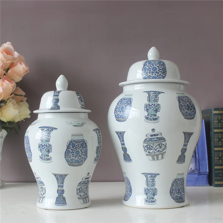 Chineză modernă Jingdezhen Ceramică Ghimbir borcan de Mână-pictat Albastru Și Alb Portelan templu borcan de Stocare oală Living vas borcan