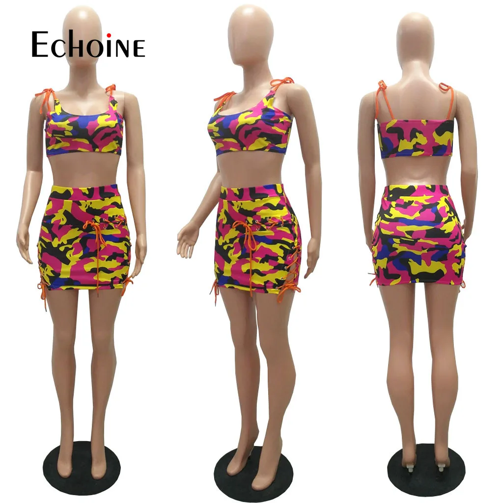 Echoine Femei Sexy Club Camuflaj Imprimare Set De Două Piese Set Trening Topuri Rezervor Până Bodycon Fusta Mini Costum De Fitness Costum Rochie