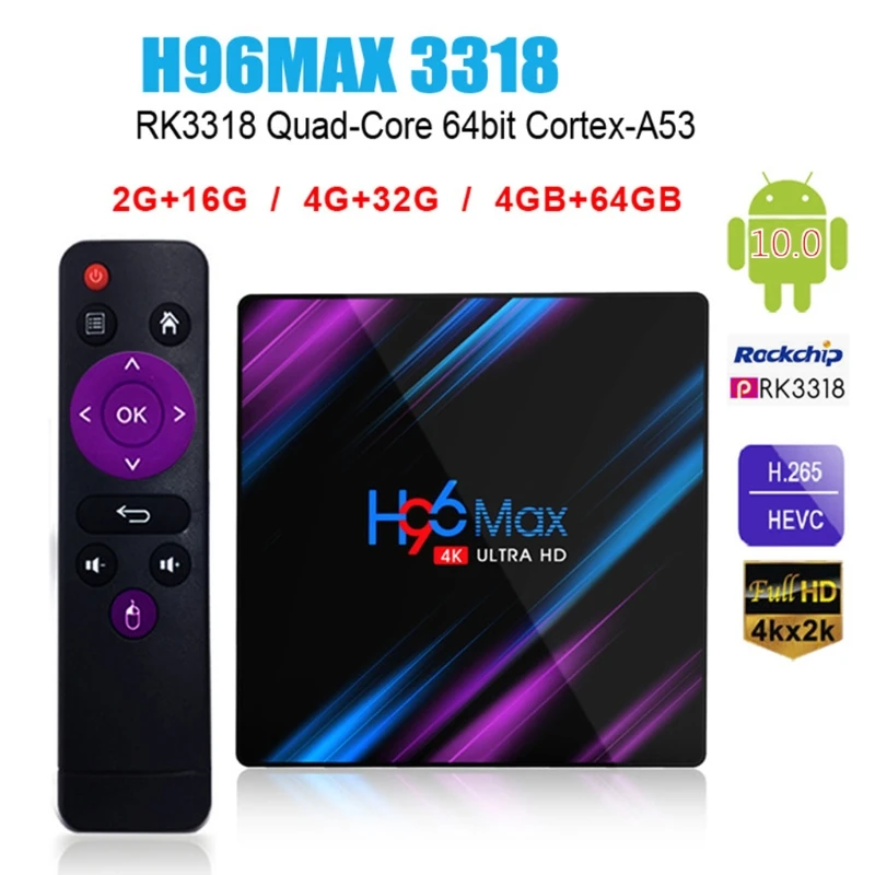 H96 MAX RK3318 Android 10.0 Smart TV Box 2.4 G&5G Dual Wifi BT4.0 Media Player Voce De La Distanță
