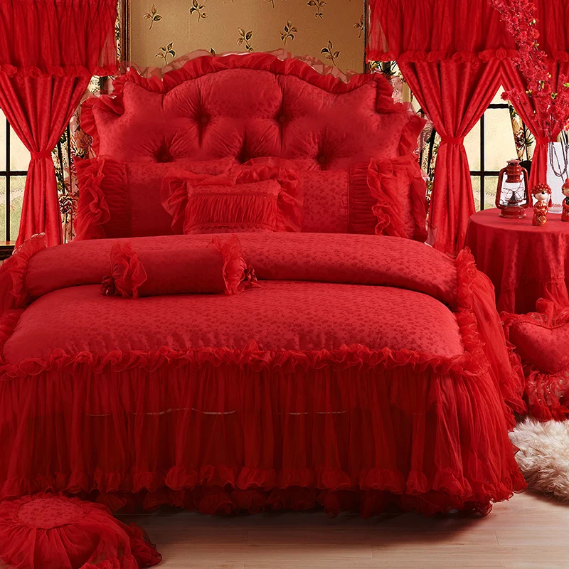 Roșu Roz de Lux Dantela cu Nunta set de lenjerie de Pat King Pat Queen-Size set Cuvertura de pat fusta set Decor Carpetă acopere seturi de lenjerii de pat
