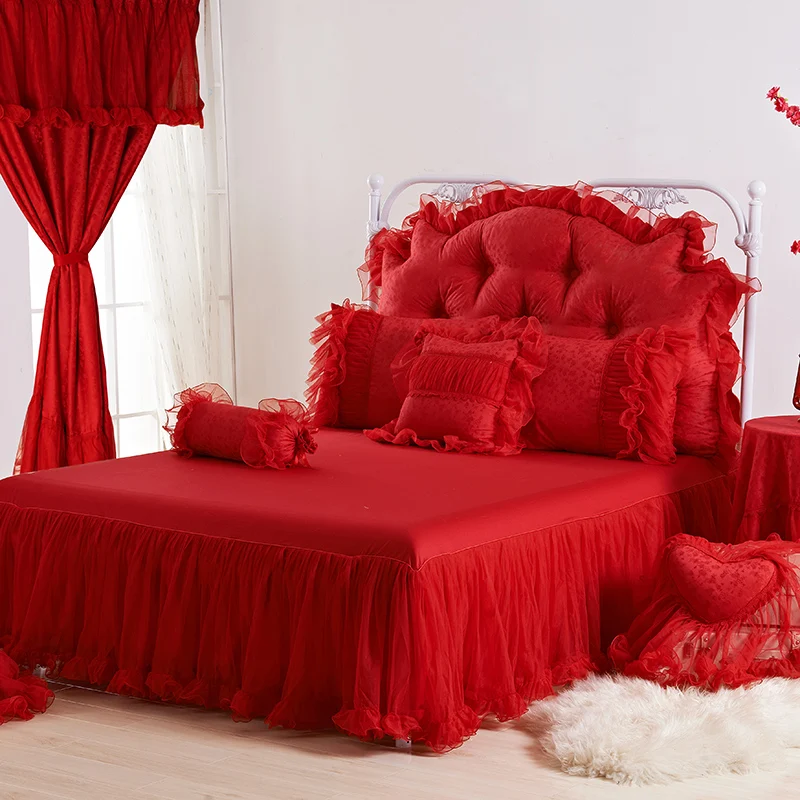 Roșu Roz de Lux Dantela cu Nunta set de lenjerie de Pat King Pat Queen-Size set Cuvertura de pat fusta set Decor Carpetă acopere seturi de lenjerii de pat