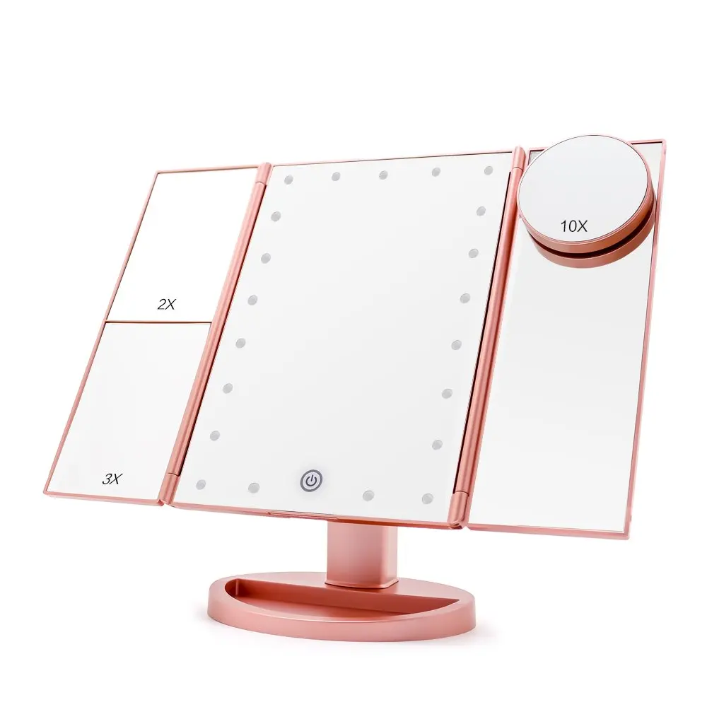 Tlinna Machiaj Oglindă cu Lumină LED, Ecran Tactil 1X/2X/3X/10X Mărire Oglinzi Tri-Pliat Desktop Lumini LED Oglindă Cosmetică