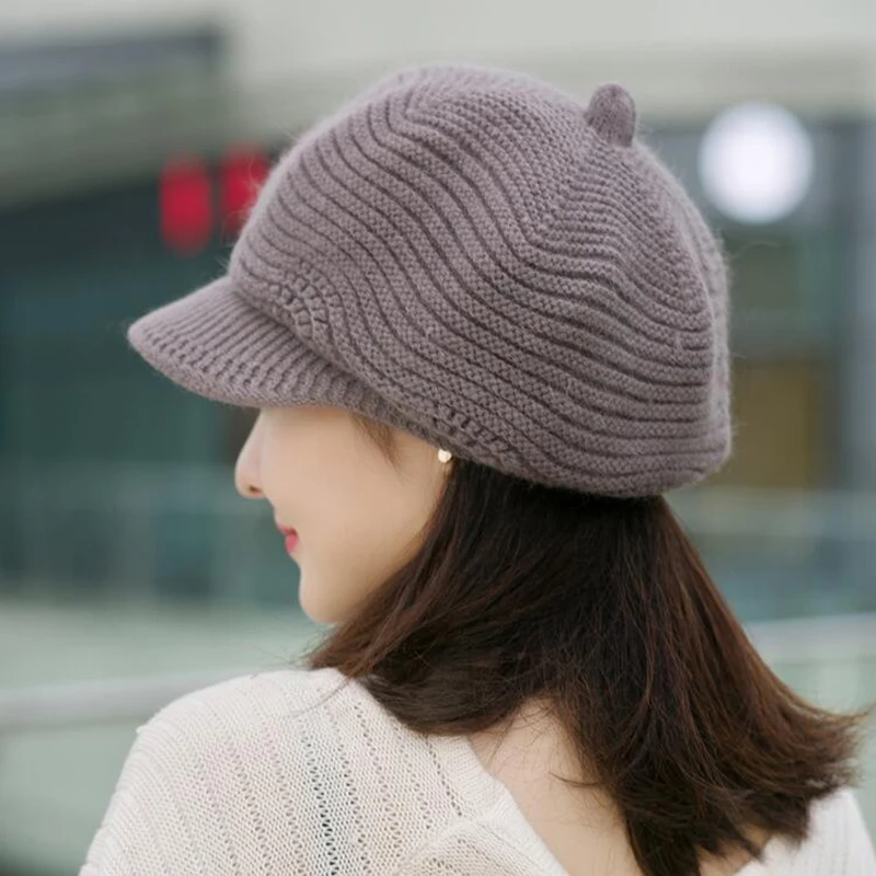 SUOGRY Femei 2 Straturi de Iarna Tricotate Octogonal Bereta Pălărie de Primavara Toamna Fleece Interior vânzător de ziare Capace 2018 Noi Lână Cald Vizorul Pălării