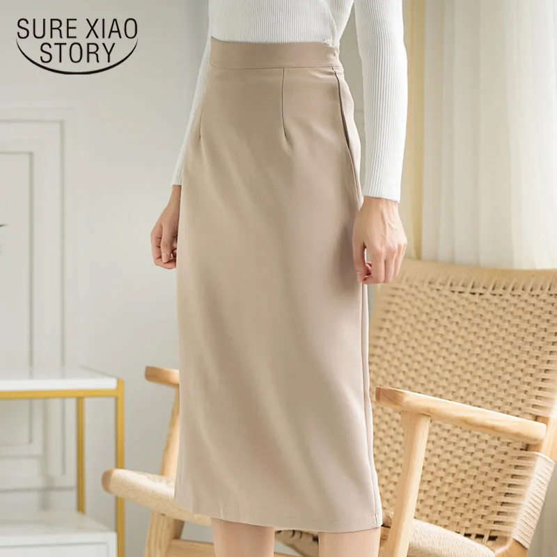2021 Vara Epocă Nouă Talie Mare Înapoi Midi Fusta Kaki One-Step Fusta Culoare Solidă Simplu Elegant Fusta Office Jupe Femme 9674