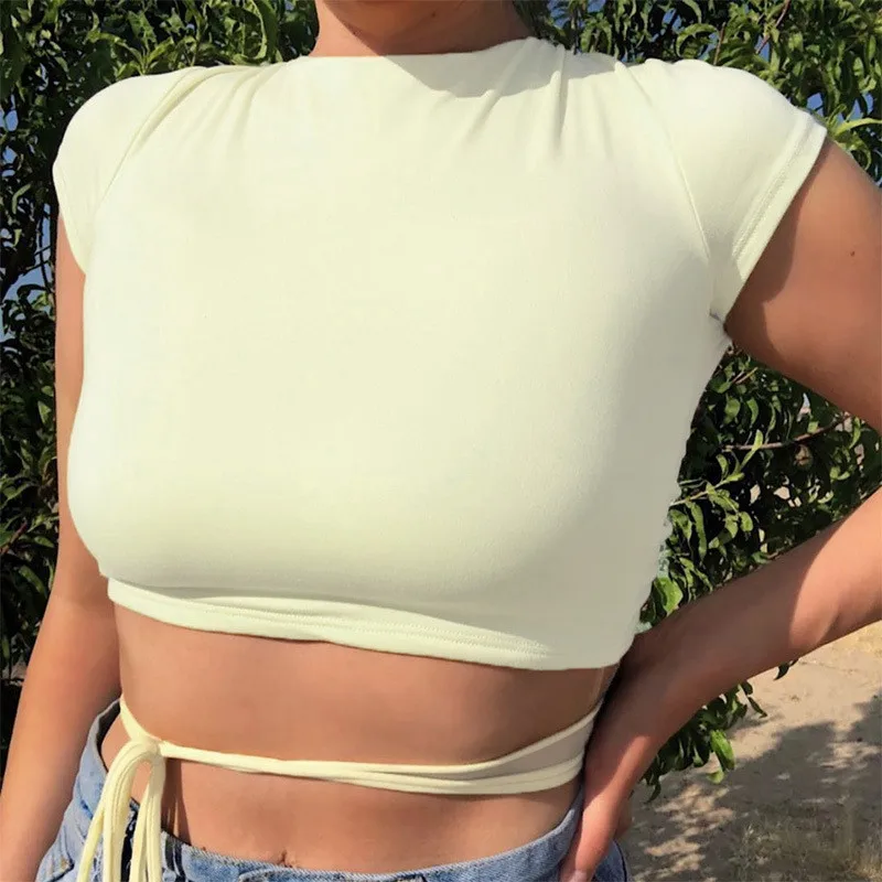 2020 Moda Vara Solid Lace T-Shirt Sexy Backless Bandaj Femei Topuri Basic Tee Cămașă Subțire De Sex Feminin Trunchiate Topuri Streetwear