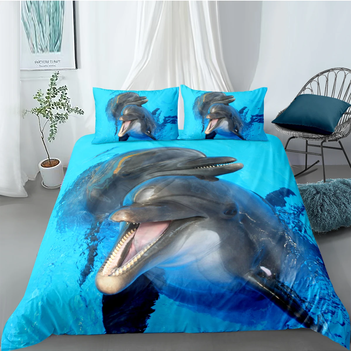 3D Carpetă Acopere Seturi Plapuma Acoperă Mângâietor Cazul Set de lenjerie de Pat Set Regele Regina Full Duble Twin Singură Dimensiune Blue Dolphin Lenjerie de Pat