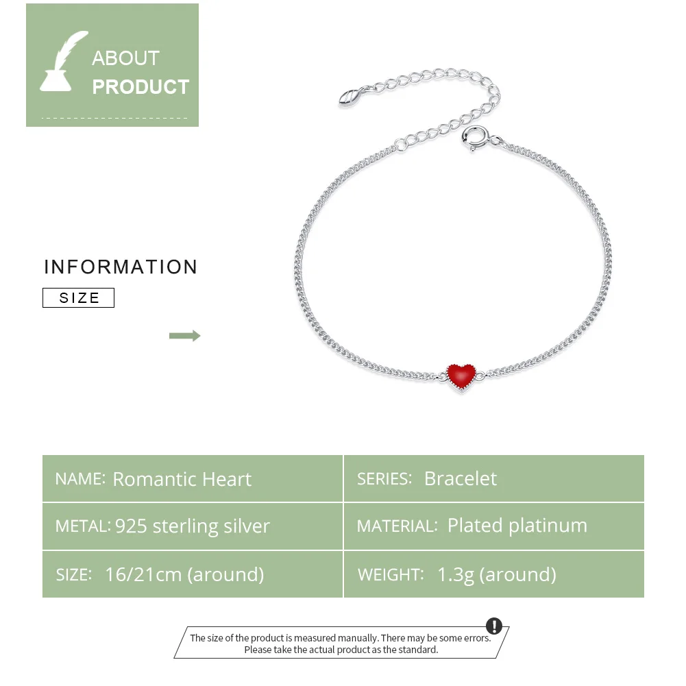 WOSTU Inima Brățară Argint 925 Rosii Inima de Dragoste Bratari de Lanț pentru Femei Romantice Bijuterii Fine Cadou CQB182