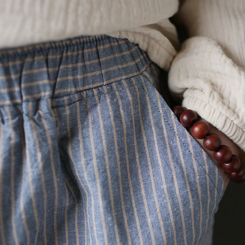 Femei de Primavara Toamna cu Dungi Pantaloni Doamnelor Dungi retro Vintage Lenjerie de pat din Bumbac Pantaloni sex Feminin Talie Elastic Pantaloni 2018