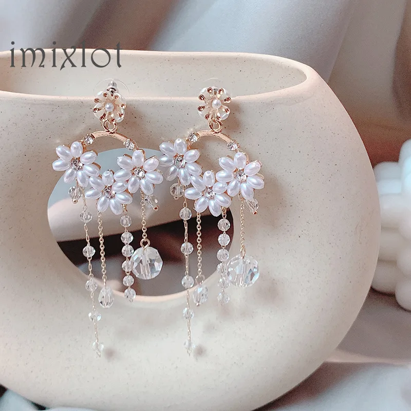 Noua Moda Floare Perla Cercei De Cristal Tassel Pandantiv Doamnelor Elegante Picătură De Apă Stras Cercei Bijuterii Acc