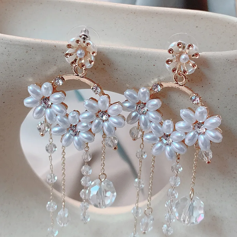Noua Moda Floare Perla Cercei De Cristal Tassel Pandantiv Doamnelor Elegante Picătură De Apă Stras Cercei Bijuterii Acc
