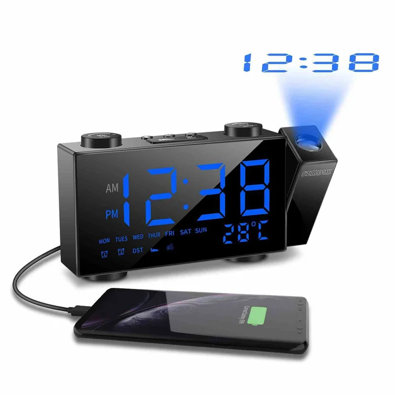 LED, Radio FM, Ceas cu Alarmă Digital cu Timp de Proiectie Ceas de Birou Amânare Funcție de Afișare a Temperaturii de Încărcare USB de Fundal Ceas de Masa
