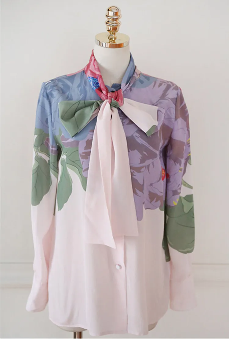 BLLOCUE Elegant Florale de Imprimare Costum de Moda pentru Femei cu Maneci Lungi Guler de Arc Tricouri Topuri+ Plisata Fusta Lunga Set 2 Piese Set Vintage