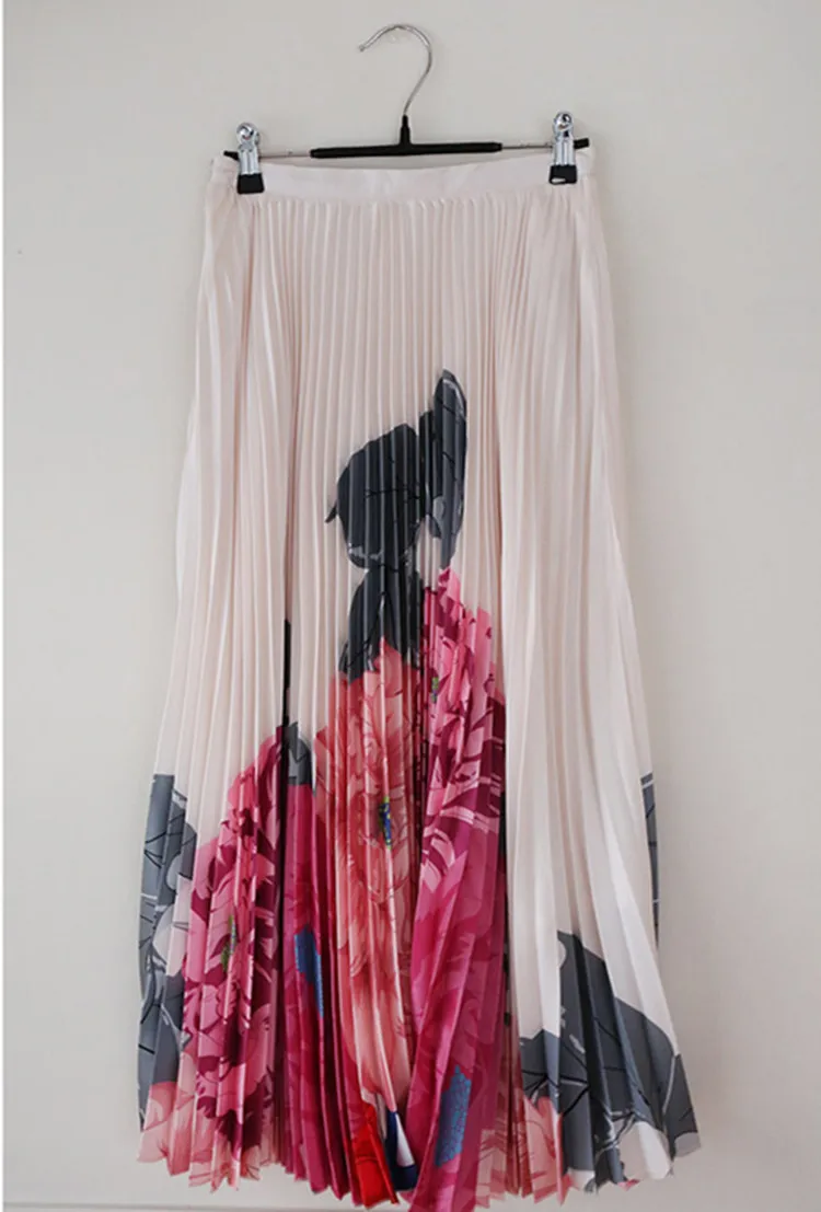 BLLOCUE Elegant Florale de Imprimare Costum de Moda pentru Femei cu Maneci Lungi Guler de Arc Tricouri Topuri+ Plisata Fusta Lunga Set 2 Piese Set Vintage