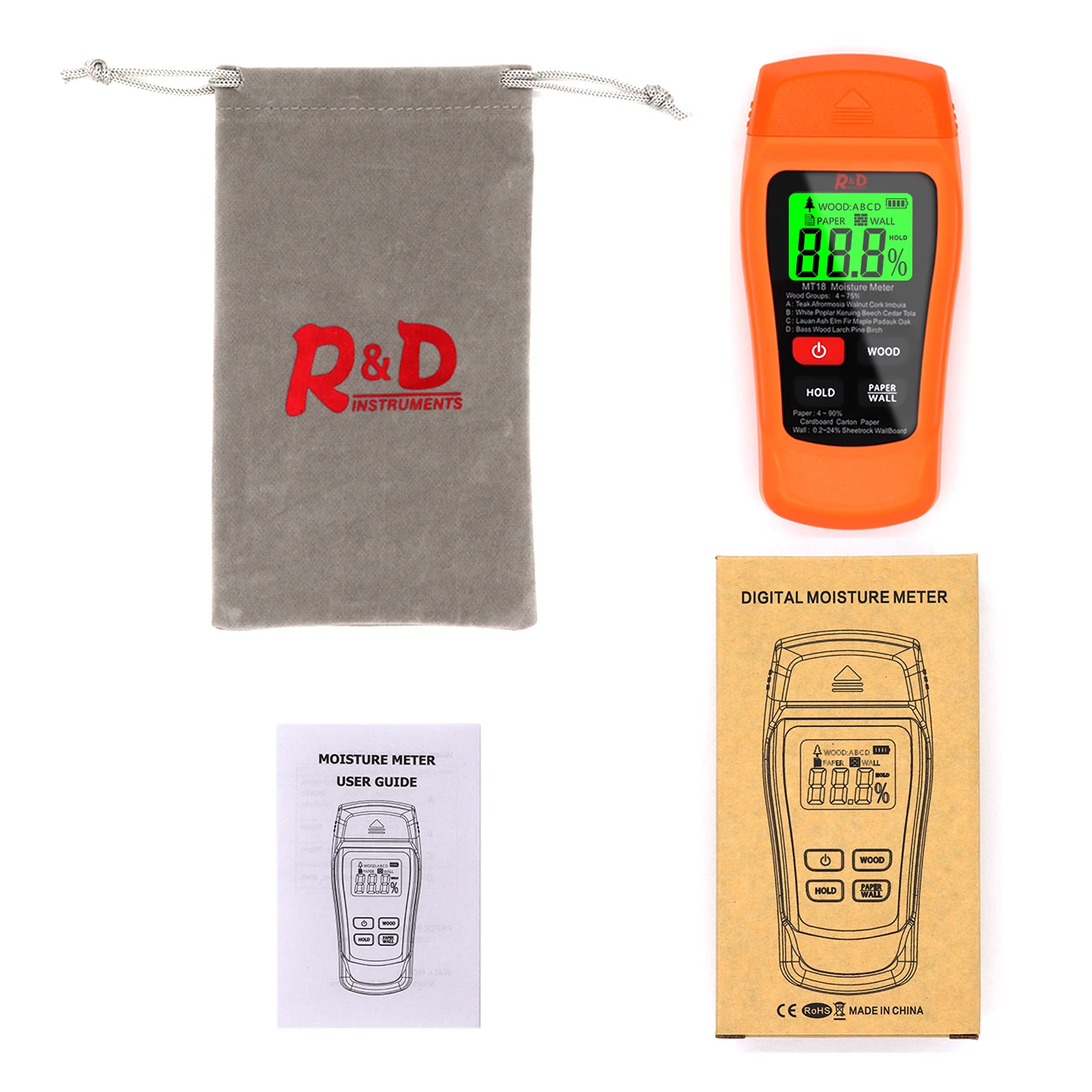 MT-18 Portocaliu 0-99.9% Doi Pini Digital De Umiditate Din Lemn Pătrat De Hârtie Umiditate Tester Perete Higrometru Din Lemn Umed Detector