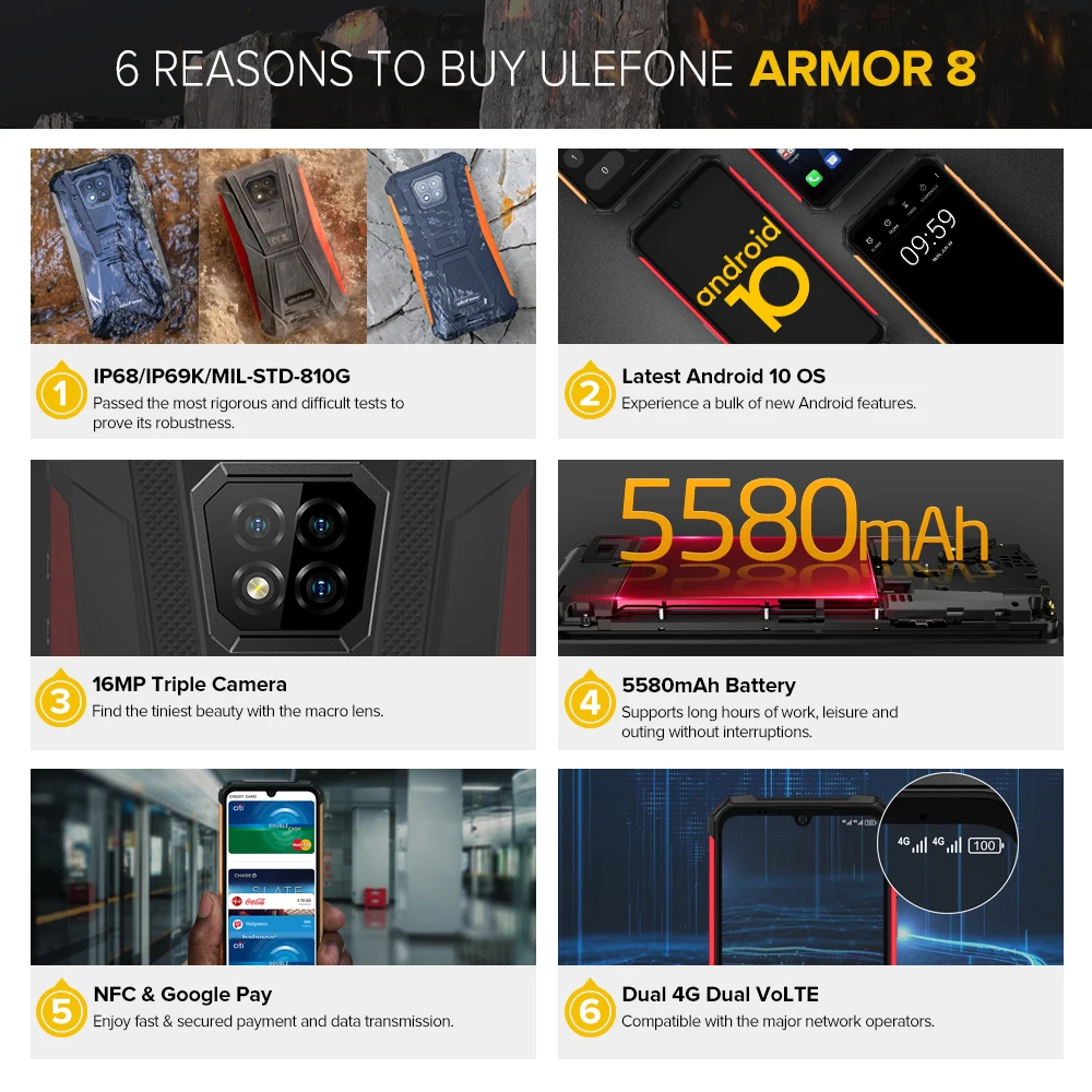Ulefone Armura 8 Smartphone 5G Wifi Adroid 10 Accidentat Telefon Mobil Octa-core de 6.1 inci rezistent la apa Helio P60 4GB 64GB telefon Mobil