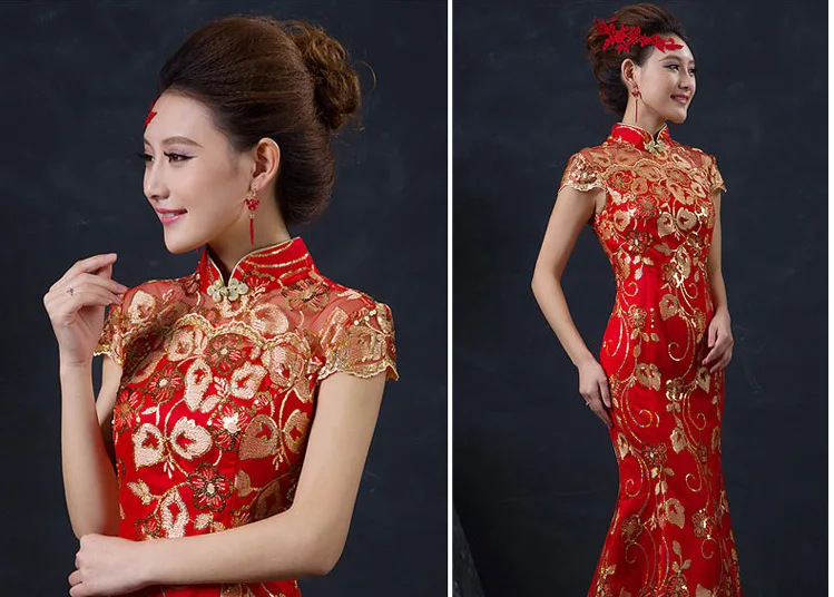 Roșu Rochie de Mireasa din China de sex Feminin Lungă Maneca Scurta Cheongsam Aur Subțire Tradițională Chineză Rochie Femei Qipao petrecere cheongsams