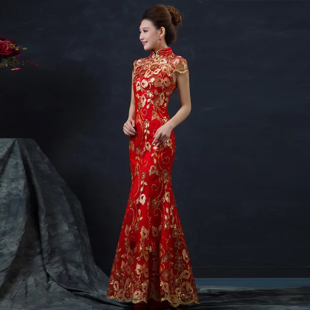 Roșu Rochie de Mireasa din China de sex Feminin Lungă Maneca Scurta Cheongsam Aur Subțire Tradițională Chineză Rochie Femei Qipao petrecere cheongsams