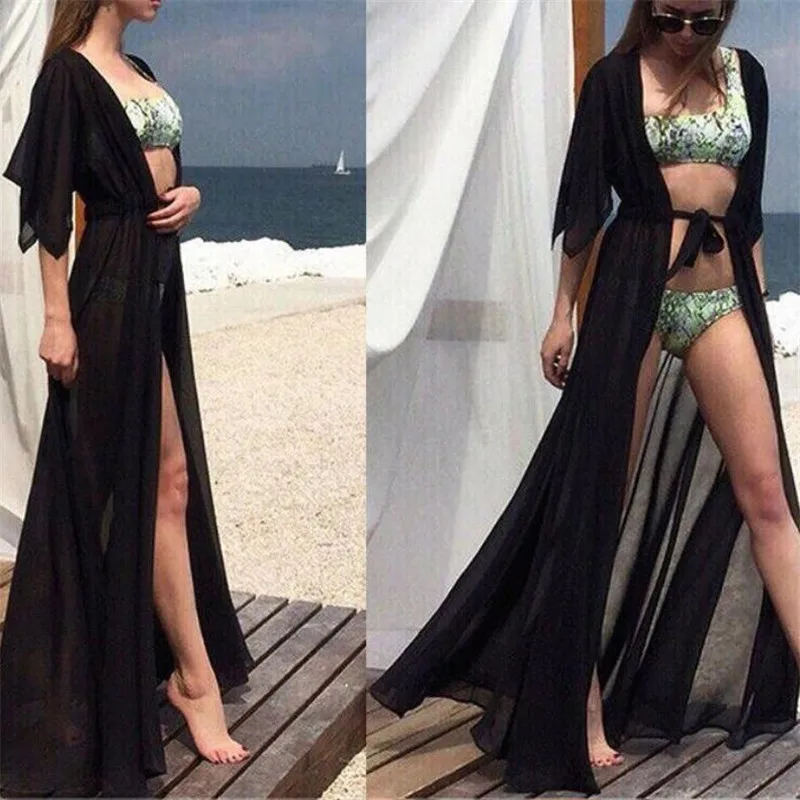 Femeile Acoperă Sexy Pe Plajă Șifon Costume De Baie Bikini Rochie Lunga Cardigan Baie Bandaj De Protecție Solară-O Singură Bucată Costume De Baie Pe Plajă