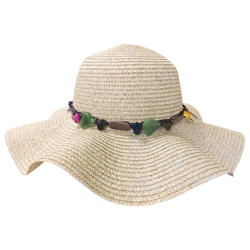 Vogue Femei Vara Capac Plajă Pălărie Mare de Paie Largă Refuz Pălării de Soare Visor Femei Colorat Piatră Boho Pălării Panama Chapeau De Paille c