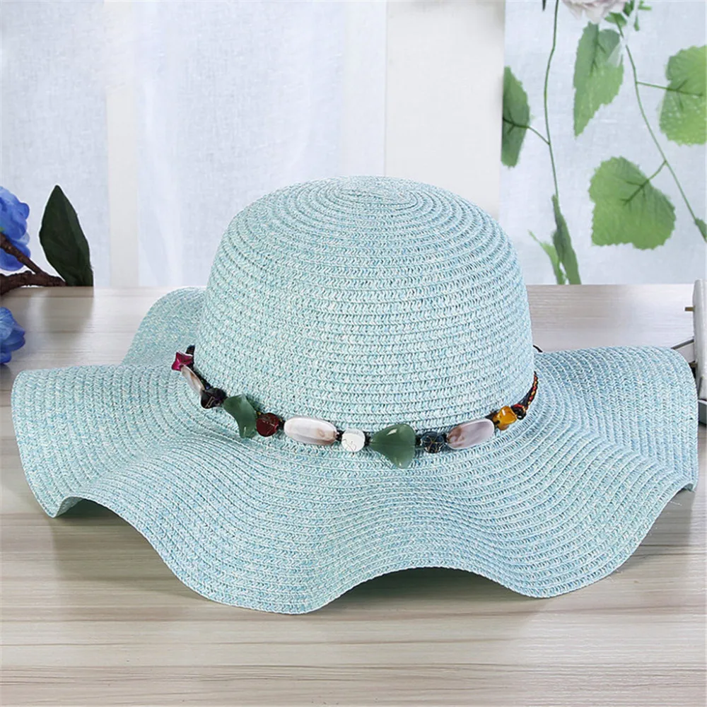 Vogue Femei Vara Capac Plajă Pălărie Mare de Paie Largă Refuz Pălării de Soare Visor Femei Colorat Piatră Boho Pălării Panama Chapeau De Paille c