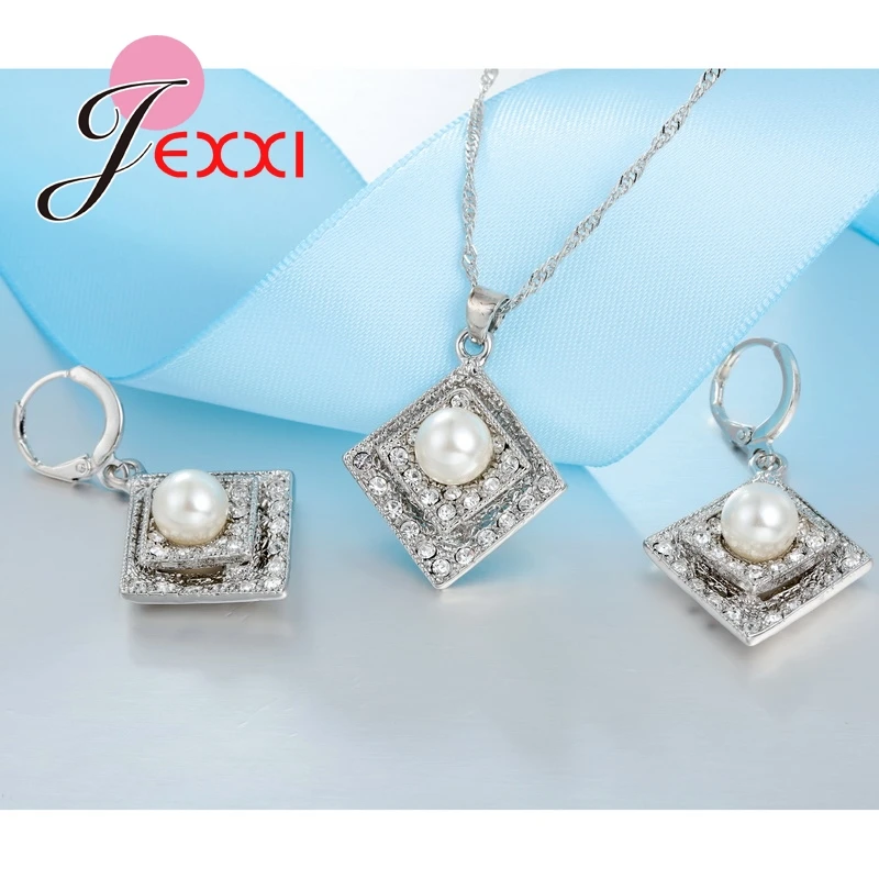 Moda Design Romb Cu Deplină Strălucitoare CZ cu Perle Si Cristale Femei/Fata 925 Sterling de Argint Colier si Cercei Bijuterie