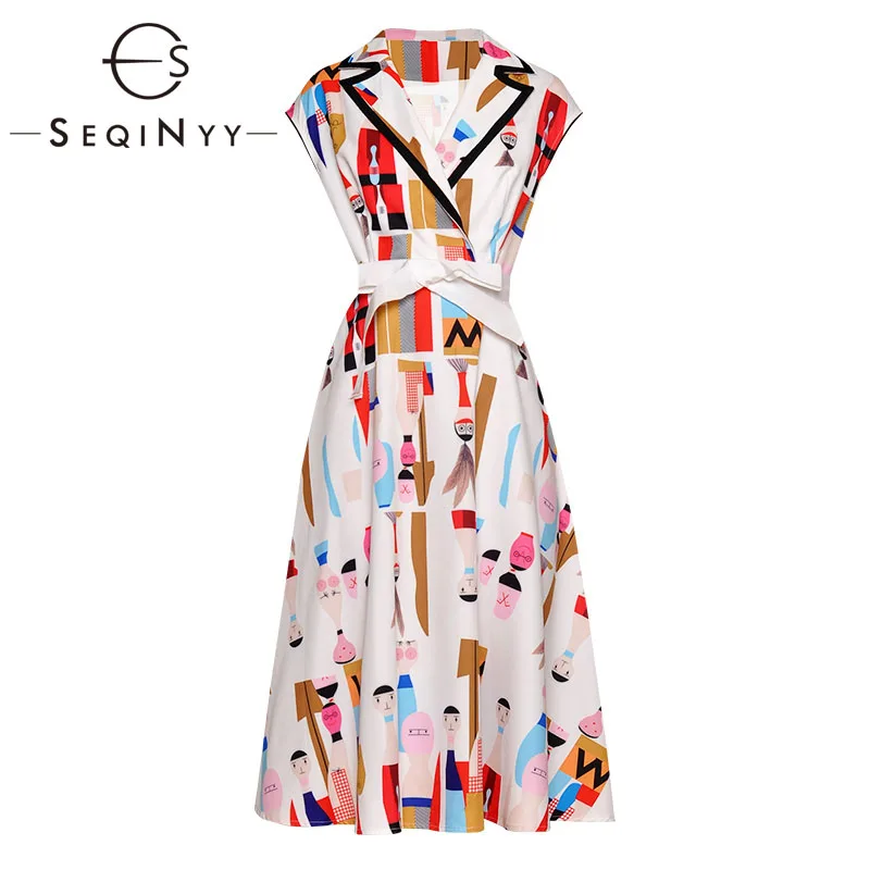 SEQINYY Desene animate Imprimate Dress 2019 Vară Nou Design de Moda cu Maneci Scurte Colorate Dintata Birou Doamnă a-line Rochie Midi