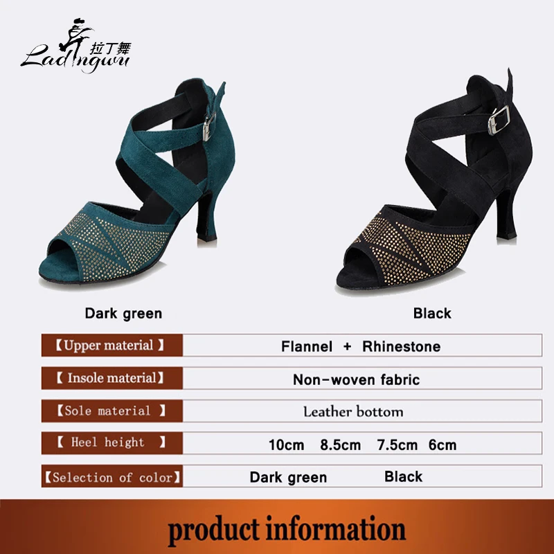 Stras Verde Închis Negru Flanel tocuri de 10 cm latine dans pantofi pentru Femei Salsa dans de Performanță pantofi