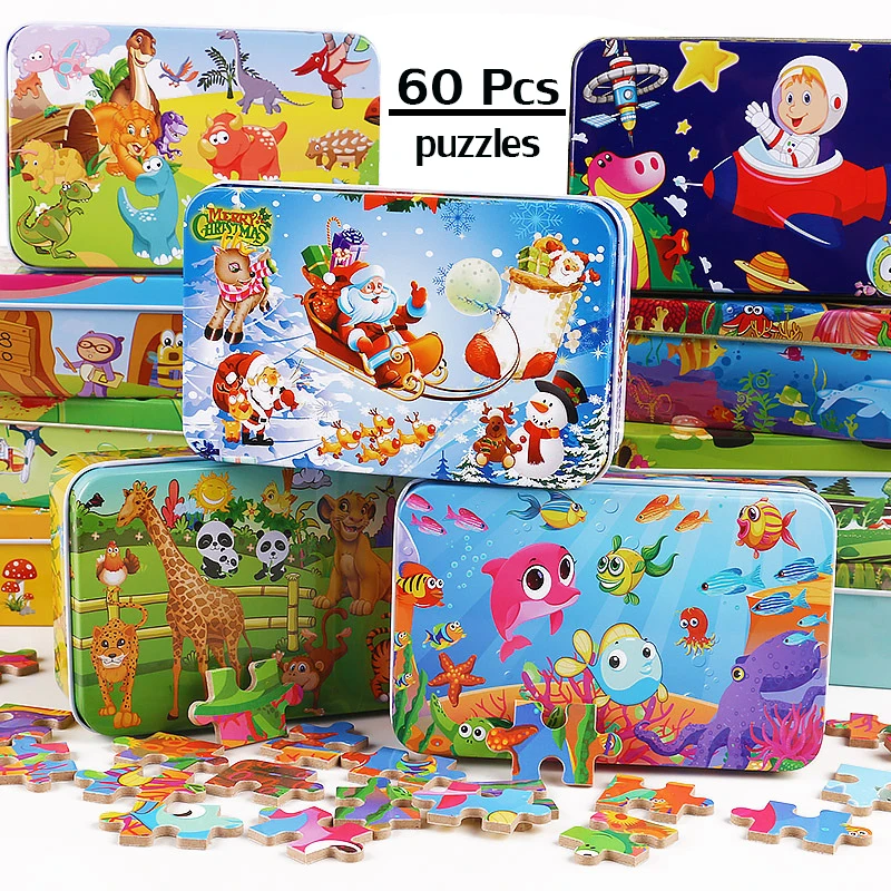 60 de Piese din Lemn Puzzle-uri de Desene animate de Animale Puzzle pentru Copii Cunoaștere Educație Jucărie cu Cutie de Depozitare pentru Copii Busyboard Cadou