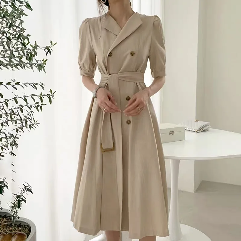 2020 Nou-veniți Primăvară Chic de Moda Elegant Dublu Rânduri Solid coreean Midi Subțire O-linie Centura Puf Sleevs Rochie Costum pentru Doamna