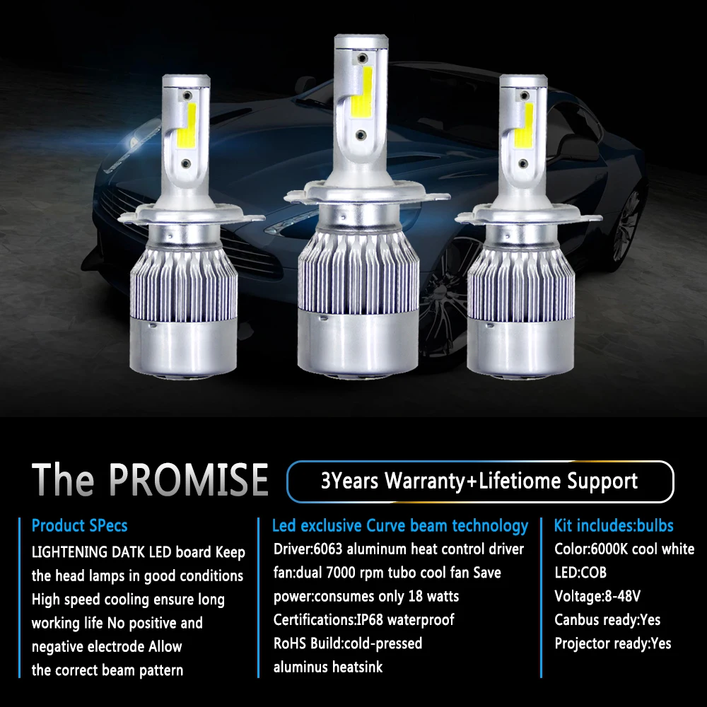 Elglux 2 buc Super-luminos H4 LED COB Chip Auto Faruri 72W 8000LM High Low Beam Toate Într-Un singur Automobile Lampa 6000K 12V