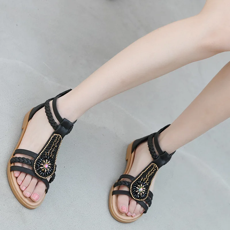 Johnature Casual, Sandale Plate Cu Fermoar Solid Crystal Capac Toc Retro Etnice Plat Cu Cusut De Moda De Vară 2020 Nouă De Pantofi Femei
