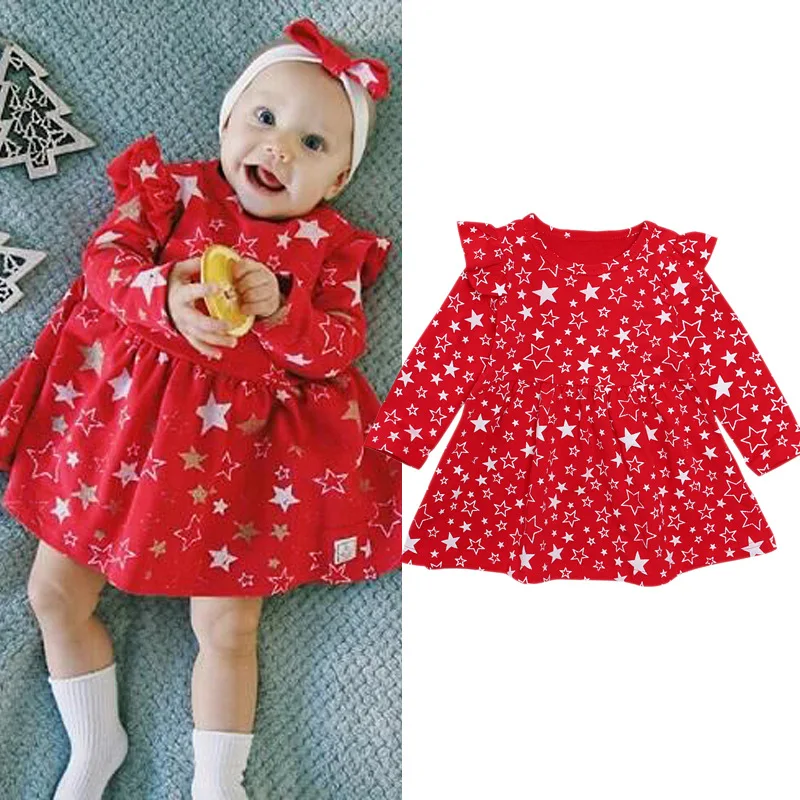 0-24M Copil Nou-născut Fată Rochie cu mâneci Lungi ciufulit star print rosu rochie de printesa Festiv copil haine de fata