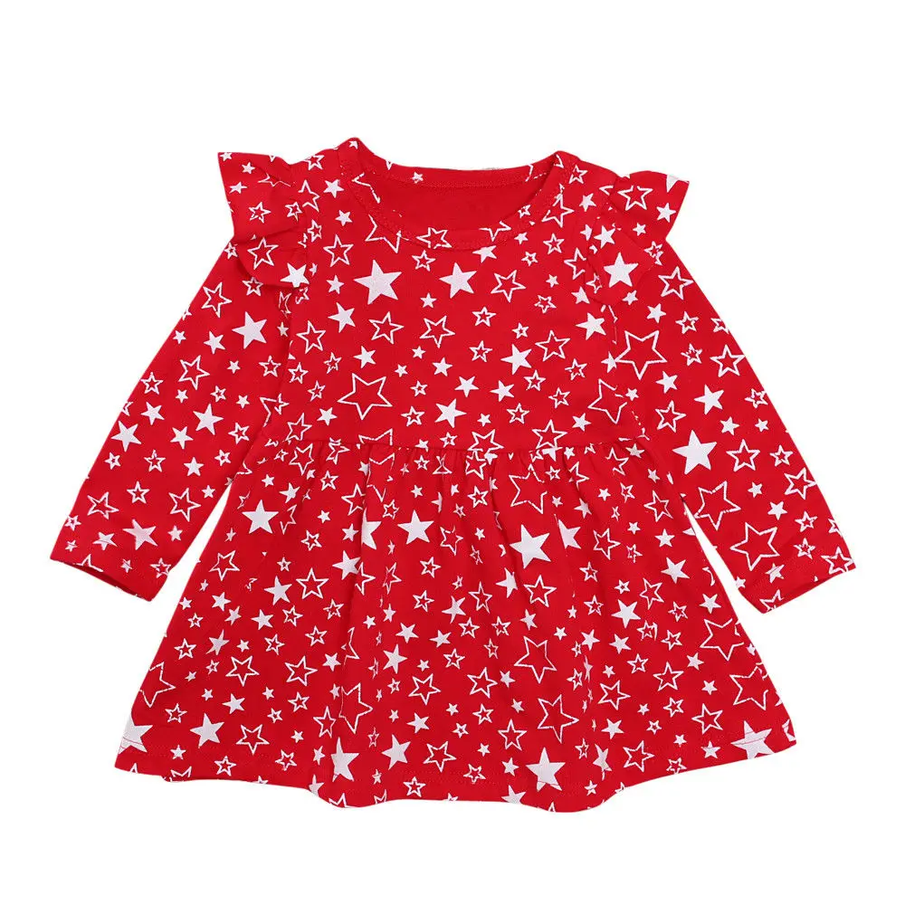 0-24M Copil Nou-născut Fată Rochie cu mâneci Lungi ciufulit star print rosu rochie de printesa Festiv copil haine de fata