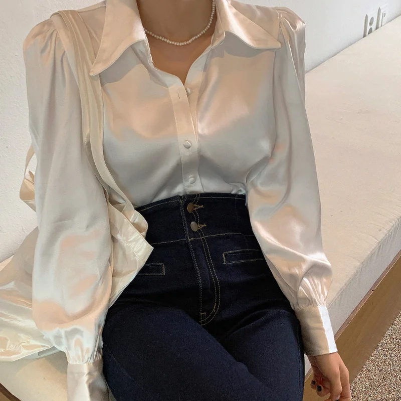 Nouă Primăvară Liber Satin Femei Tricouri Bluze Butonul Bubble Sleeve Birou Solid Tricou Femei Bluză Albă Topuri Blusas Mujer 12635