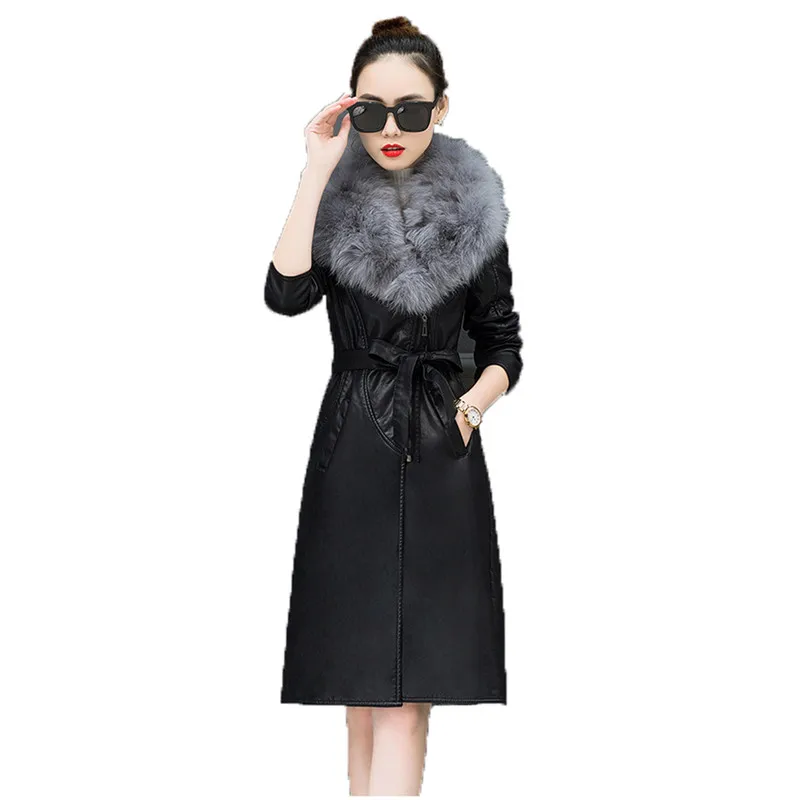 Femei din piele faux blana negru gri plus dimensiune PU sacou lung 2019 toamna iarna nou-coreean rever plus gros caldura jacheta LR677