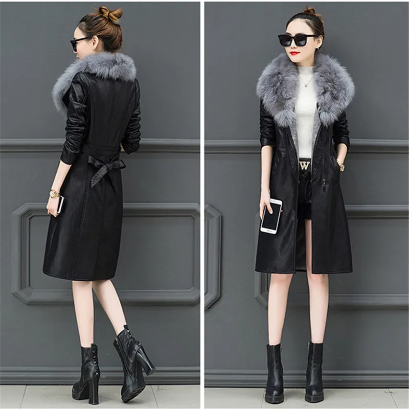 Femei din piele faux blana negru gri plus dimensiune PU sacou lung 2019 toamna iarna nou-coreean rever plus gros caldura jacheta LR677