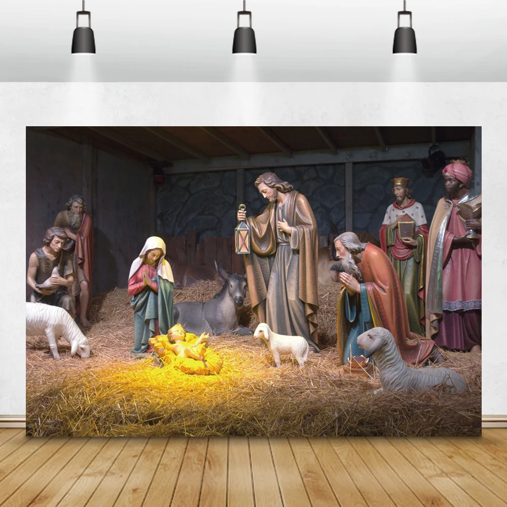 Laeacco De Crăciun Fundaluri De Scenă A Nașterii Domnului Isus La Naștere Bullpen Înger Vacă Cal Fotografii, Fundaluri Copil Nou-Născut Photophone