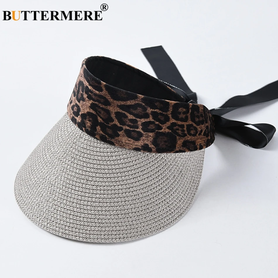 BUTTERMERE Vizorul Pălării de Soare Femei Leopard Negru Luntraș Pălărie de Moda de sex Feminin Arcul de Vacanță pe Plajă Lungă Refuz Reglabil Doamnelor Pălărie de Vară