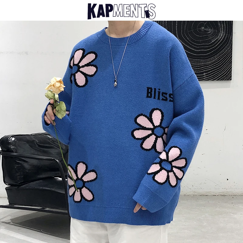 KAPMENTS Oameni de Flori de Iarnă Tricotate Pulover 2020 coreeană de Moda Mens Harajuku Pulovere O-Gât Toamna Masculin Epocă Pulovere Haina