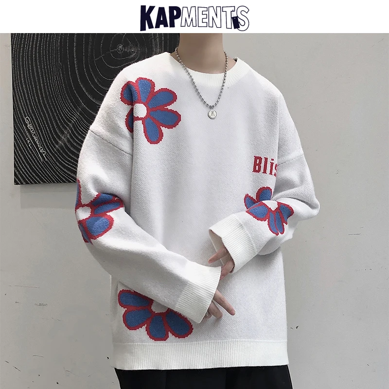 KAPMENTS Oameni de Flori de Iarnă Tricotate Pulover 2020 coreeană de Moda Mens Harajuku Pulovere O-Gât Toamna Masculin Epocă Pulovere Haina