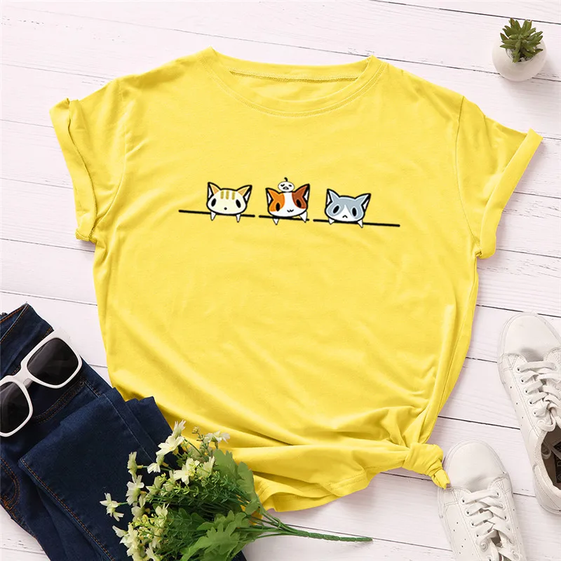 Plus Dimensiune S-5XL Pisica Minunat Print T-shirt Femei Tricouri din Bumbac O de Gât Maneca Scurta de Vara Femei T-Shirt, Tricou de culoare Roz